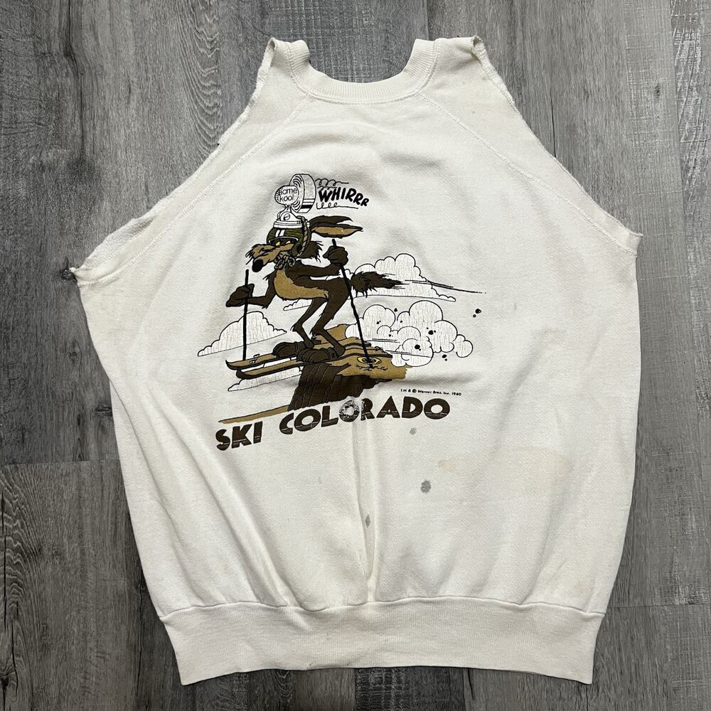 VTG 1980 Wylie Coyote Ski Colorado Thrashed Chopped Sweatshirt White 80s